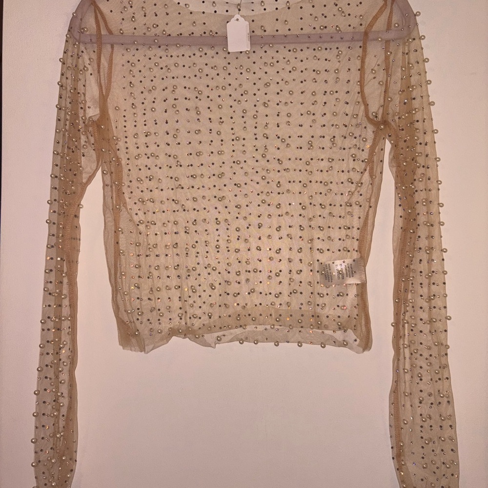 white birch Nude Sheer Long-Sleeve Top with Crystal Embellishments